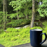 Coffee cup on porch rail with emerald green ferns and trees on the hillside.