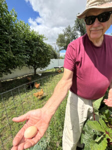 Man holds small first egg.