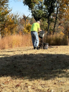 Man emptying walnuts on the ground for the squirrels.