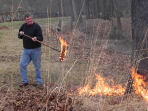 Man with rake on fire with prairiegrasses