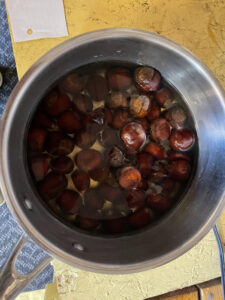 Pan with water and chestnuts boiling.