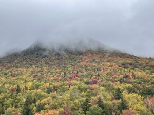 Jay Peak, Vermont, with top of mountain in fog.